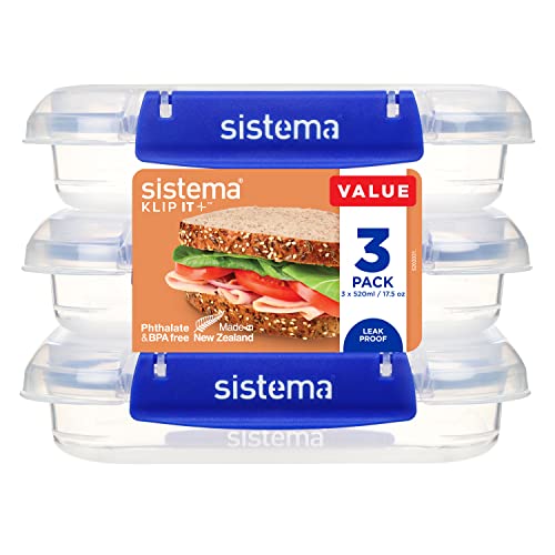Sistema KLIP IT PLUS Frischhaltedosen Set, 520 ml, auslaufsichere, stapelbare und luftdichte Vorratsdosen mit Deckel, geeignet für Kühl-/Gefrierschrank, BPA-frei, 3 Stück von Sistema