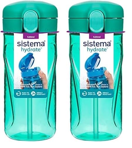 Sistema Hydrate Quick Flip Wasserflasche | 520 ml | BPA-freie Wasserflasche mit Trinkhalm | recycelbar mit TerraCycle® | farblich sortiert (Packung mit 2) von Sistema