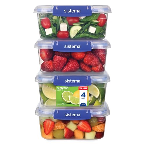 Sistema KLIP IT PLUS Frischhaltedosen-Set | 1 L | 4 luftdichte Behälter | Auslaufsicherer Verschluss | Einfache Verschlussclips | BPA-Frei von Sistema