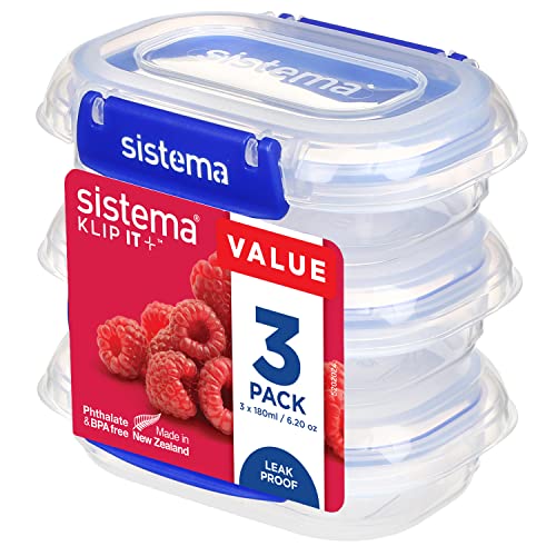 Sistema KLIP IT PLUS Frischhaltedosen Set – 180 ml – auslaufsichere, stapelbare und luftdichte Vorratsdosen mit Deckel – geeignet für Kühl-/Gefrierschrank – BPA-freier Kunststoff – 3 Stück von Sistema