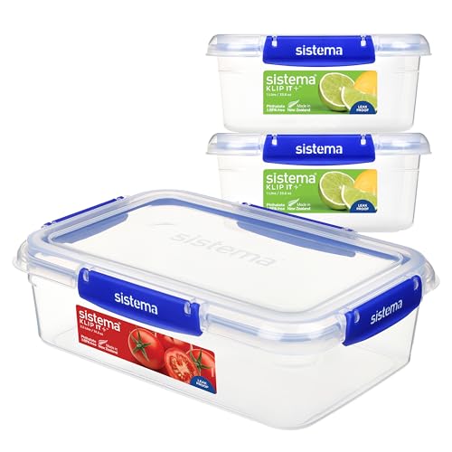 Sistema KLIP IT PLUS auslaufsichere Vorratsdosen | 2 x 1L & 2,2 L | luftdichte und stapelbare & ineinander stellbare Frischhaltedosen für Meal Prep mit Deckel | Brotdosen für Pause | BPA-frei 3 Stück von Sistema