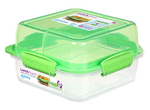Sistema LunchStack TO GO, quadratische Brotdose Kinder mit Fächern | 1,24 L Bento Lunchbox Lebensmittelbehälter | BPA-frei | türkis von Sistema