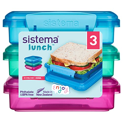 Sistema Brotdose Sandwichbox | 450 ml | stapelbare und luftdichte Lunchbox mit Deckel | für Kinder & Erwachsene| BPA-frei | gemischte Farben | 3 Stück von Sistema