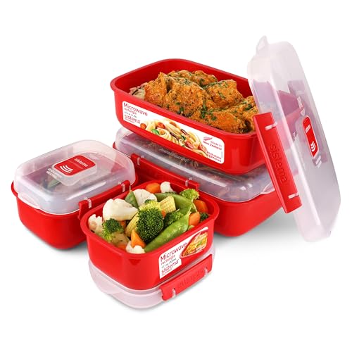 Sistema Microwave-Heat & Eat Frischhaltedosen Set, 4 rechteckige Mikrowellen-Vorratsdosen mit Deckeln (2 x 1,25 l + 2 x 525 ml), verschließbare Clips und Belüftungsventile, BPA-frei von Sistema