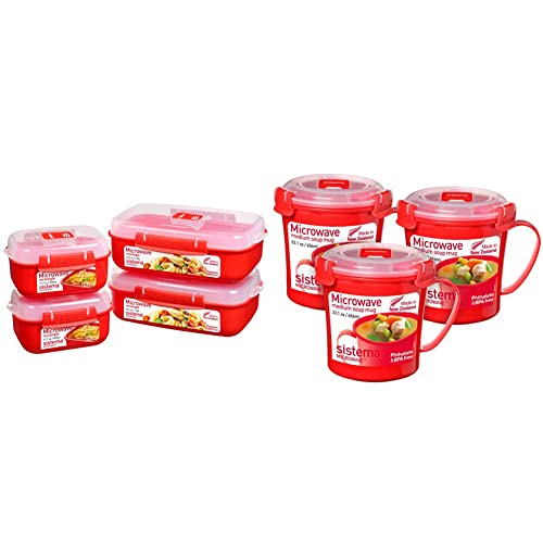 Sistema Microwave-Heat & Eat Frischhaltedosen Set | 4 rechteckige Mikrowellen-Vorratsdosen (2 x 1,25 l + 2 x 525 ml) & Microwave Suppentasse, mittelgroß | 656 ml | rot | 3 Stück von Sistema