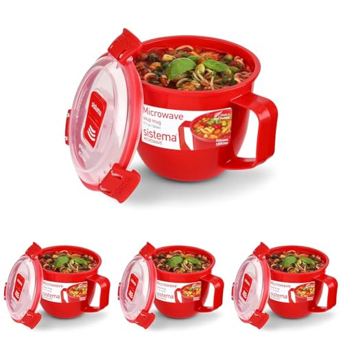 Sistema Microwave Suppentasse, klein, mikrowellengeeignete Frischhaltedose, 565 ml, BPA-frei, rot, 1 Stück (4er Pack) von Sistema