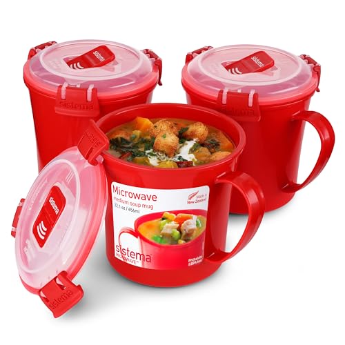 Sistema Microwave Suppentasse, mittelgroß, mikrowellenfeste Frischhaltedose, 656 ml, BPA-frei, rot, 3 Stück von Sistema