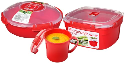 Sistema Mikrowellen-Set bestehend aus drei Artikeln | Ultra Sque Suppenbecher 656 ml, Dampfgarer 2,4 l mit herausnehmbaren Gareinsatz & Mikorwellenschüssel 1,29 l mit Dampfventil | BPA-frei | rot von Sistema
