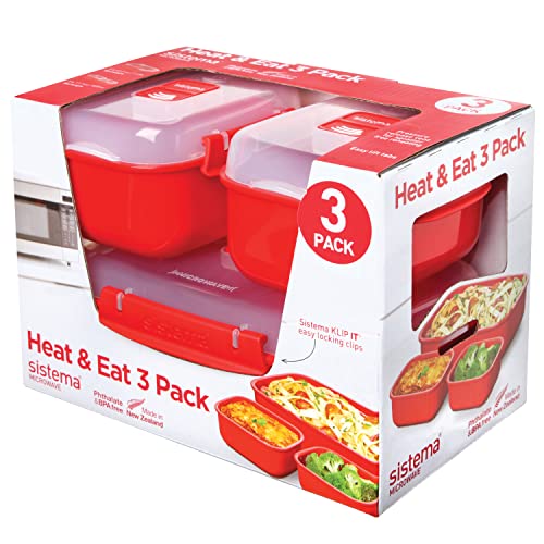 Sistema Microwave-Heat & Eat Frischhaltedosen Set | 3 rechteckige Mikrowelle-Vorratsdosen mit Deckeln (1 x 1,25 l + 2 x 525 ml) | verschließbare Clips und Belüftungsventile | BPA-frei, Rot von Sistema