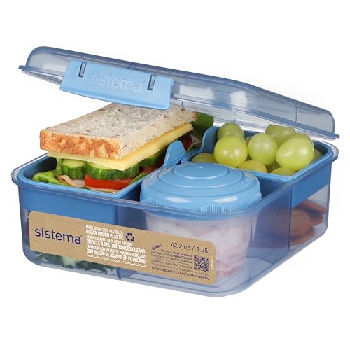 Sistema Ocean Bound Kunststoff-Bento-Box, Würfel, 1,25 l, quadratische Lunchbox mit Joghurt-/Obst-Topf, BPA-frei, aus recyceltem Kunststoff, Blaugrün oder Blau (Farbe nicht wählbar) | 1 Stück von Sistema