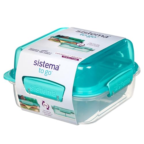 Sistema Salad TO GO Brotdose mit Fächern | 1,1 L Lunchbox mit Besteck (Gabel und Messer) und einem Salatdressing Behälter | für Kinder & Erwachsene | BPA-frei | türkis (Packung mit 2) von Sistema