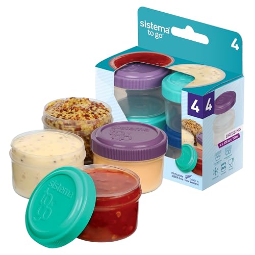 Sistema TO GO Dressingbehälter | Frischhaltedosen/Soßenbehälter mit Deckel | 35 ml | BPA-frei | blaue, grüne, pinke und violette Deckel | 4 Stück Sistema TO GO Dressingbehälter | Frischhaltedosen/Soßenbehälter mit Deckel | 35 ml | BPA-frei | blaue, grüne, pinke und violette Deckel | 4 Stück von Sistema