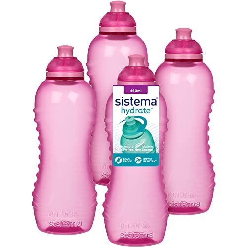 Sistema Twist 'n' Sip Squeeze Sports Wasserflasche, auslaufsichere Wasserflasche, 460 ml, BPA-frei, rosa, 4 Stück von Sistema