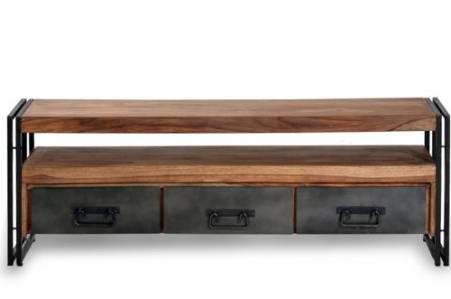 SIT-Möbel 9275-01 TV Lowboard Panama Shesham Natur mit schwerem Altmetall und Gebrauchsspuren, 160 x 40 x 55 cm, 3 Schubladen, 1 offenes Fach von SIT-Möbel