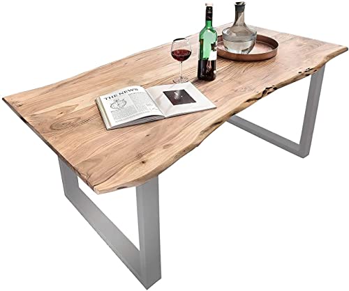 SAM Baumkantentisch 140x80 cm Quarto, Akazienholz massiv + naturfarben, Esstisch mit silbernem U-Gestell, Esszimmertisch/Holztisch Industrial-Design, Tischplatte 26 mm von SAM