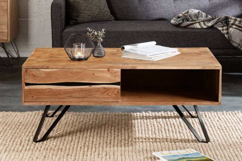 Sitheim-Europe Couchtisch LIVING EDGE Massiver Couchtisch 110cm Akazienholz Natur finish (1-St., 1Tisch), mit geräumiger Schublade und offenem Ablagefach von Sitheim-Europe