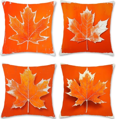 Kissenbezug 40x40 Orange 4er Set Outdoor Kissen Sofakissen Leinen Kopfkissenbezug Dekokissen Kissenbezüge Blatt Kissenhüllen Doppelseitiger Druck Pillow Case für Deko Wohnzimmer Schlafzimmer S1-156 von Sitngcun