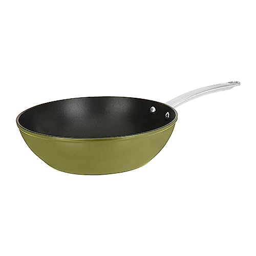 Sitram 715707 Wok, Aluminium, recycelt, Ø 28 cm, Höhe 8 cm, Farbe Grün metallisch, Antihaftbeschichtung, ohne PFOA, Griffe aus Edelstahl, genietet, Dampfdeckel aus Glas, für alle Herde, auch Induktion von Sitram