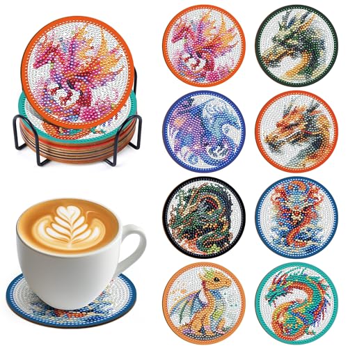 Sitsink Diamant-Malerei-Untersetzer-Set – 8-teiliges Drachen-Diamant-Kunst-Untersetzer-Set, Fantasie-Tier-Drachen-Diamant-Malerei-Untersetzer-Set mit Halter, Drachen-Diamant-Kunst-Kits für Erwachsene, von Sitsink
