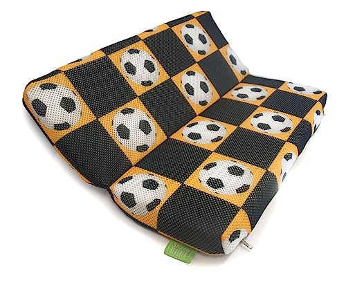 Sitzen BLEIBER Klappkissen Fußball-Muster schwarz-gelb - Sitzkissen für unterwegs Outdoor Stadionkissen klappbar 37x28 cm waschbar Antirutsch von Sitzen BLEIBER