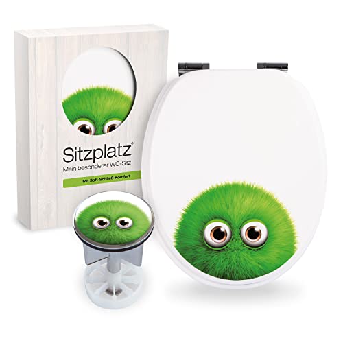 SITZPLATZ® Badezimmer-Set Motiv Monster Bobby | WC-Sitz mit Absenkautomatik | Ovaler Toilettendeckel mit Holzkern | Design-Excenterstopfen 38-40 mm | Waschbeckenstöpsel mit Haarsieb | 41569 9 von Sitzplatz