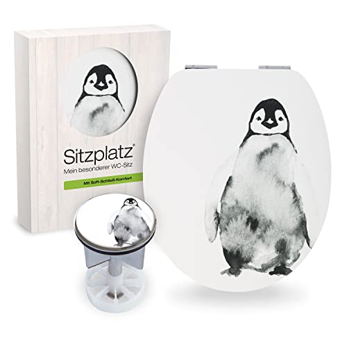 SITZPLATZ® Badezimmer-Set Motiv Pinguin | WC-Sitz mit Absenkautomatik | Ovaler Toilettendeckel mit Holzkern | Design-Excenterstopfen 38-40 mm | Waschbeckenstöpsel mit Haarsieb | 41581 1 von Sitzplatz