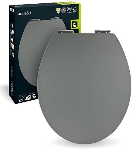 aquaSu® WC-Sitz mit Absenkautomatik in grau | Stabiler Holzkern Toilettendeckel | Soft-Touch Toilettensitz | Metallscharnier | Universale O-Form | Ovaler WC-Deckel | Fast-Fix | Grau | 40396 2 von aquaSu