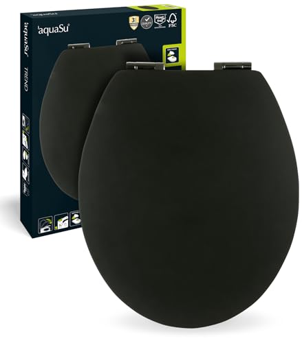 aquaSu® WC-Sitz mit Absenkautomatik, Schwarz, Soft-Touch Toilettensitz mit Holzkern, Fast-Fix Befestigung, Standard O Form universal, Metallscharnier, Motiv WC Deckel, samtener Soft Touch, 40395 5 von aquaSu