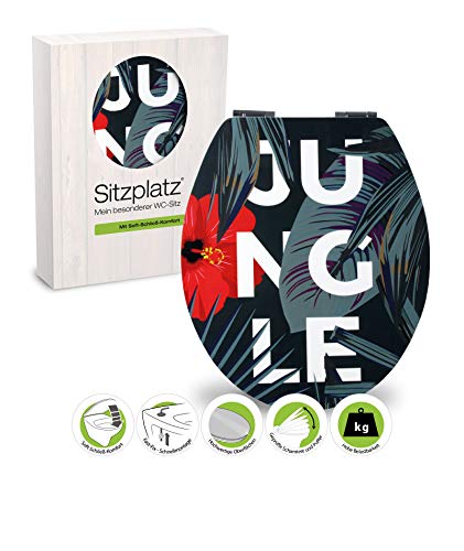 SITZPLATZ® WC-Sitz mit Absenkautomatik, Dekor Dschungel, Gloss Toilettensitz mit Holzkern, Fast-Fix Schnellbefestigung, Standard O Form universal, Metallscharnier, Motiv WC Deckel glänzend, 40377 1 von Sitzplatz