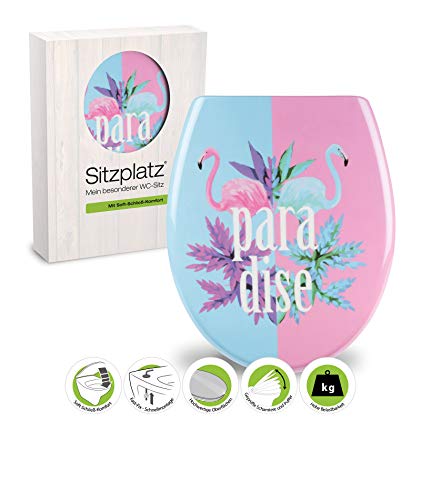 SITZPLATZ WC-Sitz mit Absenkautomatik, Dekor Flamingo Paradise, antibakterieller Duroplast Toilettensitz, Fast-Fix Schnellbefestigung, Standard O Form universal, Metallscharnier WC Deckel, 40342 9 von Sitzplatz