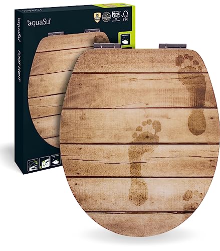 'aquaSu® WC-Sitz mit Absenkautomatik, Holz Dekor Foot Print, High Gloss, Toilettensitz mit Holz-Kern, ovale O Form, mit Schnellbefestigung, Metallscharnier, Toilettendeckel Holz, glänzend, 40189 0 von aquaSu