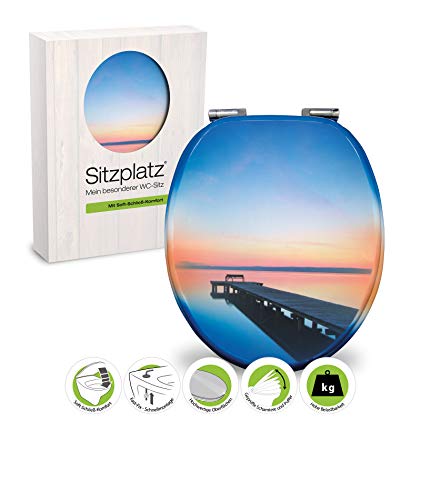 SITZPLATZ® WC-Sitz mit Absenkautomatik, Maritim Dekor Abendstimmung, Toilettensitz mit Holzkern, FastFix Schnellbefestigung, universale O Form, mit Metallscharnieren, Toilettendeckel maritim, 40271 2 von Sitzplatz