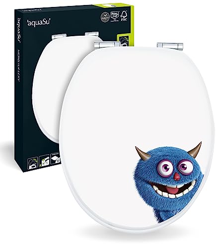 aquaSu® WC-Sitz mit Absenkautomatik, lustiges Dekor Monster Ecky, Toilettensitz mit Holzkern & Fast Fix Schnellbefestigung, universale O Form, Metallscharnieren, Toilettendeckel witzig, 40276 7 von aquaSu