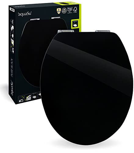 'aquaSu® WC-Sitz mit Absenkautomatik, Dekor Pure Black, High Gloss Toilettensitz mit Holzkern, Fast-Fix Schnellbefestigung, in Standard O Form, Metallscharnier, WC Deckel Schwarz glänzend, 40233 0 von aquaSu