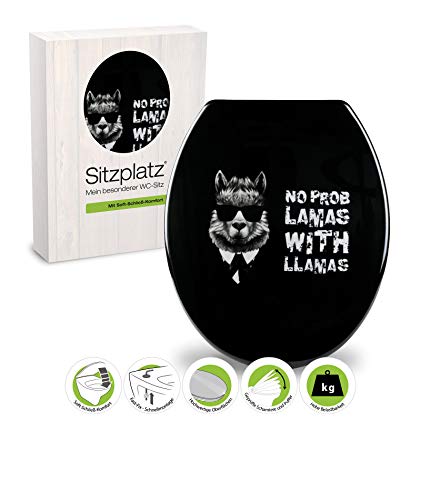 SITZPLATZ® WC-Sitz mit Absenkautomatik, lustiges Dekor Llamas, antibakterieller Duroplast Toilettensitz, ovale O Form, Fast-Fix Schnellbefestigung, Metallscharniere, Toilettendeckel witzig, 40667 3 von Sitzplatz