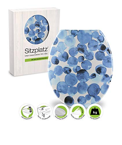 SITZPLATZ® WC-Sitz mit Absenkautomatik, buntes Dekor Tupfen, antibakterieller Duroplast Toilettendeckel, FastFix Schnellbefestigung, ovale Standard O Form universal, Metallscharniere, Blau, 40670 3 von Sitzplatz