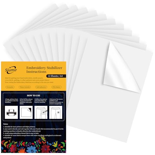 Siumir 12PCS Stickvlies Selbstklebende Wasserlösliche, A4 (29.7x21cm) Wasserlösliches Stickpapier, Drucken oder Zeichnen Zeichenstabilisator für Hand- und Maschinenstickereien von Siumir