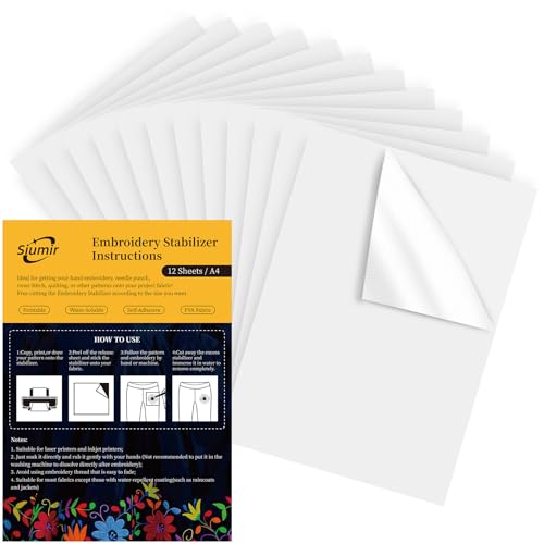 Siumir 12PCS Stickvlies Selbstklebende Wasserlösliche, A4 (29.7x21cm) Wasserlösliches Stickpapier, Drucken oder Zeichnen Zeichenstabilisator für Hand- und Maschinenstickereien von Siumir