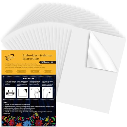 Siumir 20PCS Stickvlies Selbstklebende Wasserlösliche, A4 (29.7x21cm) Wasserlösliches Stickpapier, Drucken oder Zeichnen Zeichenstabilisator für Hand- und Maschinenstickereien von Siumir