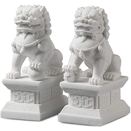 FOO Dogs Statuen Paar, traditionelle chinesische Wächter-Löwen-Statuen Steinfinish Feng Shui Dekor Bestes Housewarming-Glücksgeschenk zur Abwehr von böser Energie,Weiß,18CM von Siunwdiy