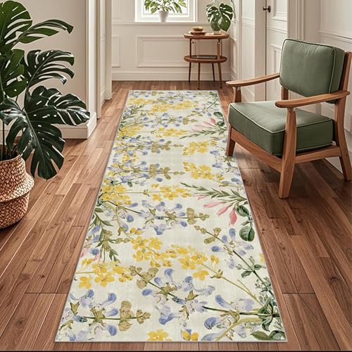 Flurläufer Extra Lang 110x360cm Teppichläufer Rutschfest, Flurteppich，Küchenteppich Waschbar Schmutzfangmatte Beige-Gelb Teppich Blumen Küchenläufer für Küche, Korridor, Schlafzimmer, Eingang, Büro von Siunwdiy