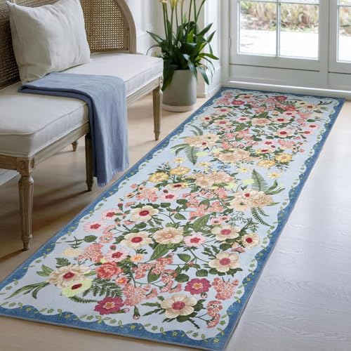 Flurläufer Extra Lang Blau140 x 140 cm Bunter Blumenmuster - Teppichläufer rutschfest, Flurteppich,Küchenteppich Waschbar Küchenläufer für Küche, Korridor, Schlafzimmer, Eingang, Büro, Wohnzimmer Flurläufer Extra Lang Blau140 x 140 cm Bunter Blumenmuster - Teppichläufer rutschfest, Flurteppich,Küchenteppich Waschbar Küchenläufer für Küche, Korridor, Schlafzimmer, Eingang, Büro, Wohnzimmer von Siunwdiy