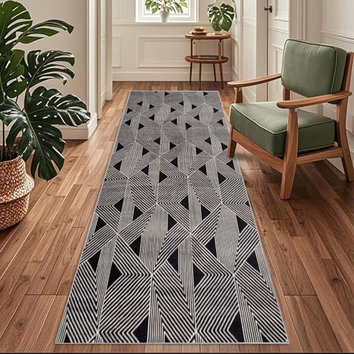 Geometrische Streifen Flurläufer,70 x 200 cm Schwarz-Grau Teppichläufer rutschfest, Flurteppich Extra Langer，Küchenteppich Waschbar Küchenläufer für Küche, Korridor, Schlafzimmer, Eingang, Büro von Siunwdiy