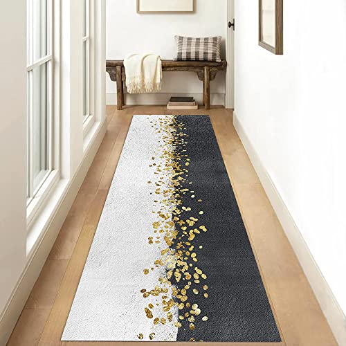 Kücheteppich Teppich Läufer Flur Lang Abstrakt 50x140cm Schwarz Weiß Gold Kücheläufer rutschfest Teppichmatten Teppichläufer Waschbar Kurzflor Korridor Schlafzimmer, Anpassbar Breite 40 - 100cm von Siunwdiy