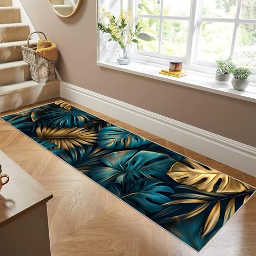 Siunwdiy 3D Blätter Muster Teppich Läufer Flur Küche rutschfest Waschbar 60 x 190 cm Blau/Gold Küchenläufer Lang Korridor Teppich Läufer Küchenteppich Einfarbig Flurteppich Meterware Anpassbar von Siunwdiy
