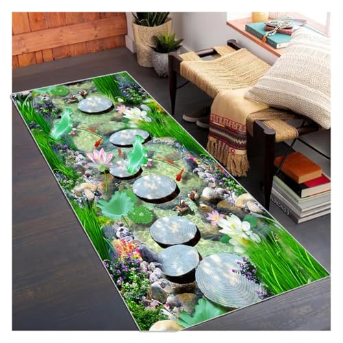 Siunwdiy 3D Flurläufer & Küchenläufer Grün 120x470cm - Rutschfester Waschbarer Lang Teppich für Korridor, Küche, Eingang, Wohnzimmer, Schlafzimmer | Moderne Optische Täuschung | Meterware Anpassbar von Siunwdiy