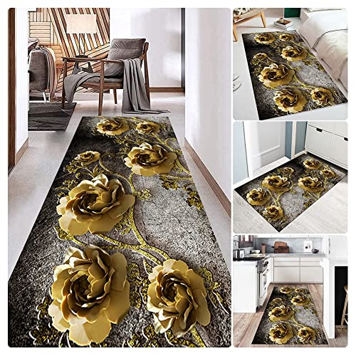 Siunwdiy 3D Teppich Blumenmuster Teppich Läufer Flur rutschfest Waschbar Küchenläufer Teppichläufer Korridor Teppich Für Küche Wohnzimmer Schlafzimmer,Gold,70x300cm von Siunwdiy