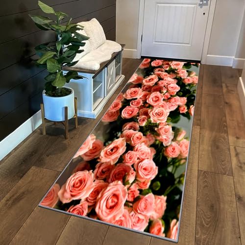 Siunwdiy 3D Teppich Läufer Flur Küche rutschfest Waschbar Kurzflor Küchenläufer Lang Korridor Teppich Läufer Mit Blumenmuster 40x200cm Rosa Rose Küchenteppich Flurteppich Meterware Anpassbar von Siunwdiy