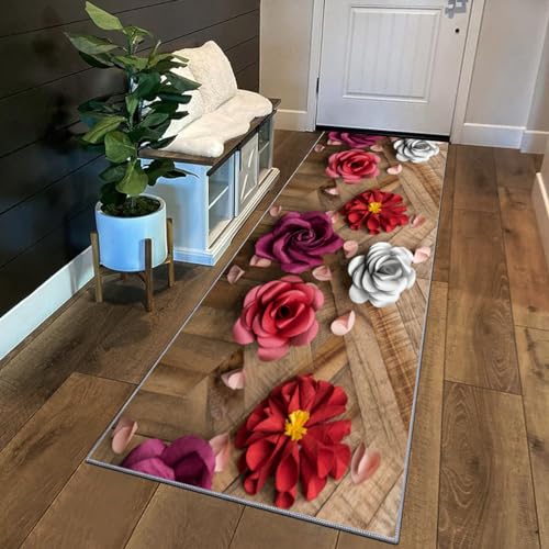 Siunwdiy 3D Teppich Läufer Flur rutschfest Küchenläufer Waschbar Mit Blumenmuster 60x200cm Rote Lila Braun Korridor Teppichläufer Lang Küchenteppich Für Schlafzimmer Teppichläufer Meterware Anpassbar von Siunwdiy