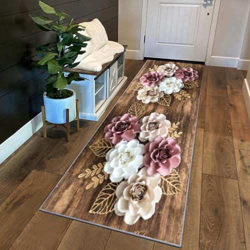 Siunwdiy 3D Teppich Läufer Flur rutschfest Küchenläufer Waschbar Mit Blumenmuster 70x160cm Braun Korridor Teppichläufer Lang Küchenteppich Für Schlafzimmer Teppichläufer Meterware Anpassbar von Siunwdiy